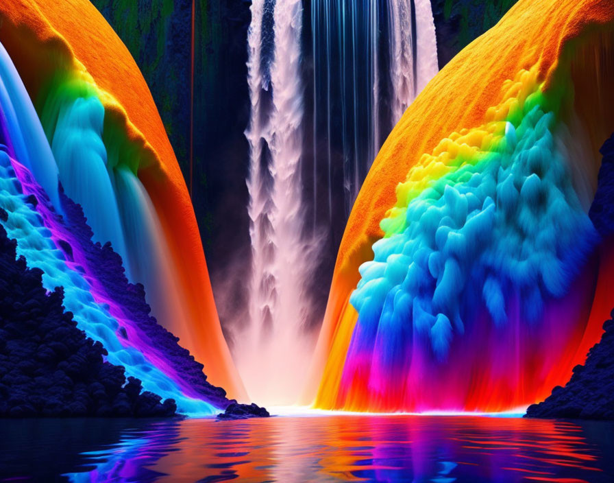 Digitally altered image: Rainbow-lit waterfall scene