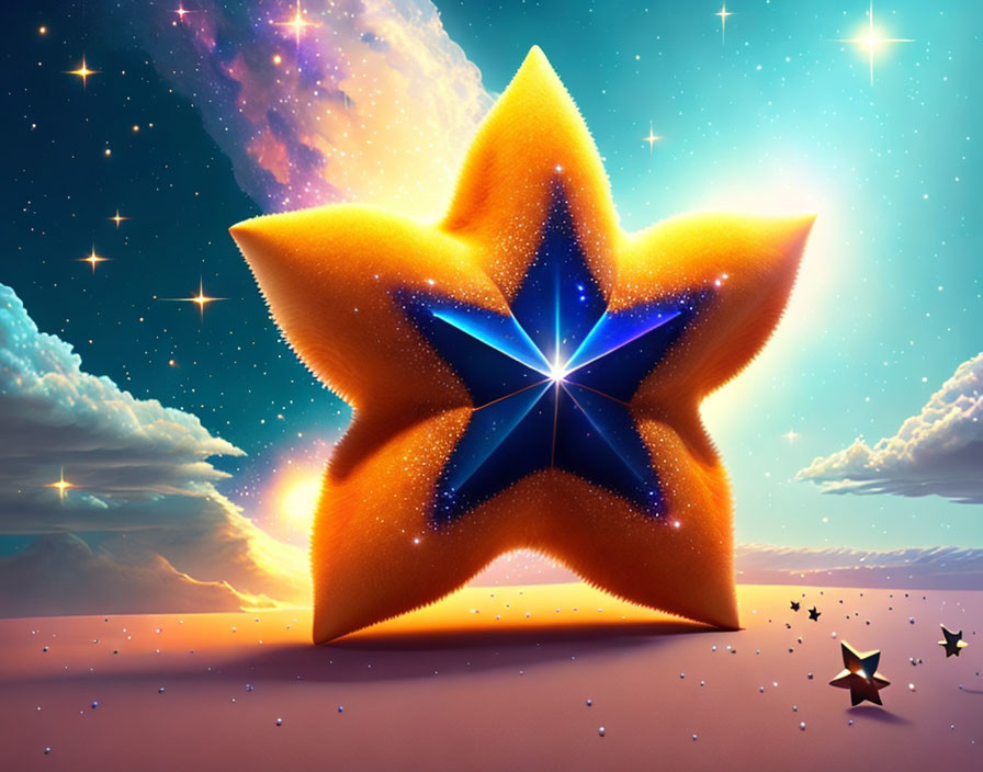 Colorful digital artwork: Glowing orange star with blue star in twilight sky