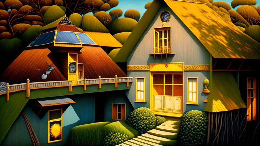 Colorful whimsical houses with intricate patterns and surreal landscapes