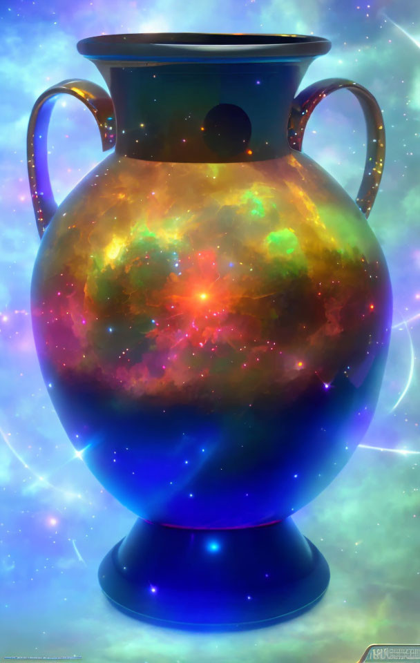 Colorful Cosmic-Themed Illustration of Celestial Pottery Vase