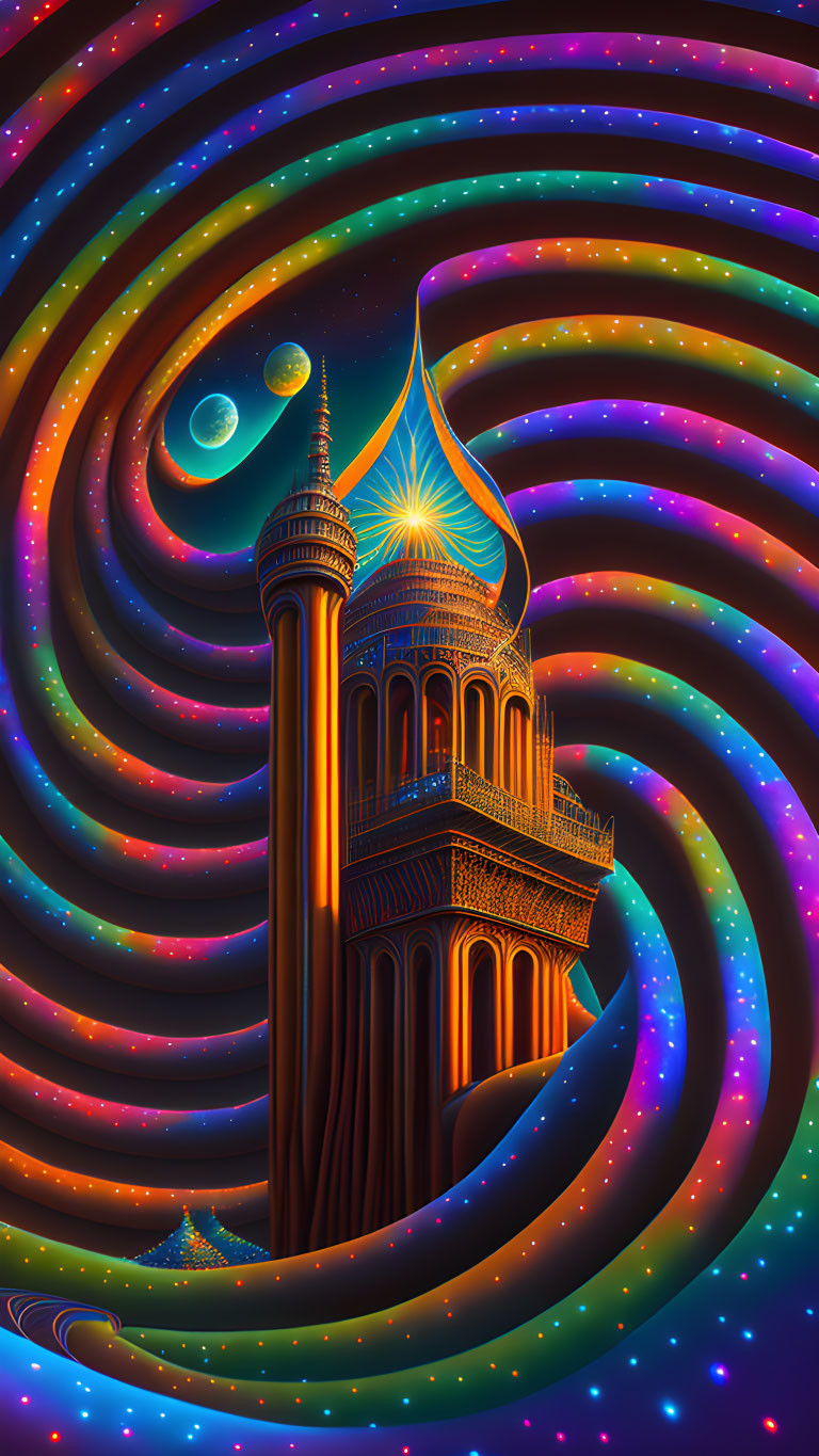 Fantastical tower with glowing spire in vibrant digital artwork