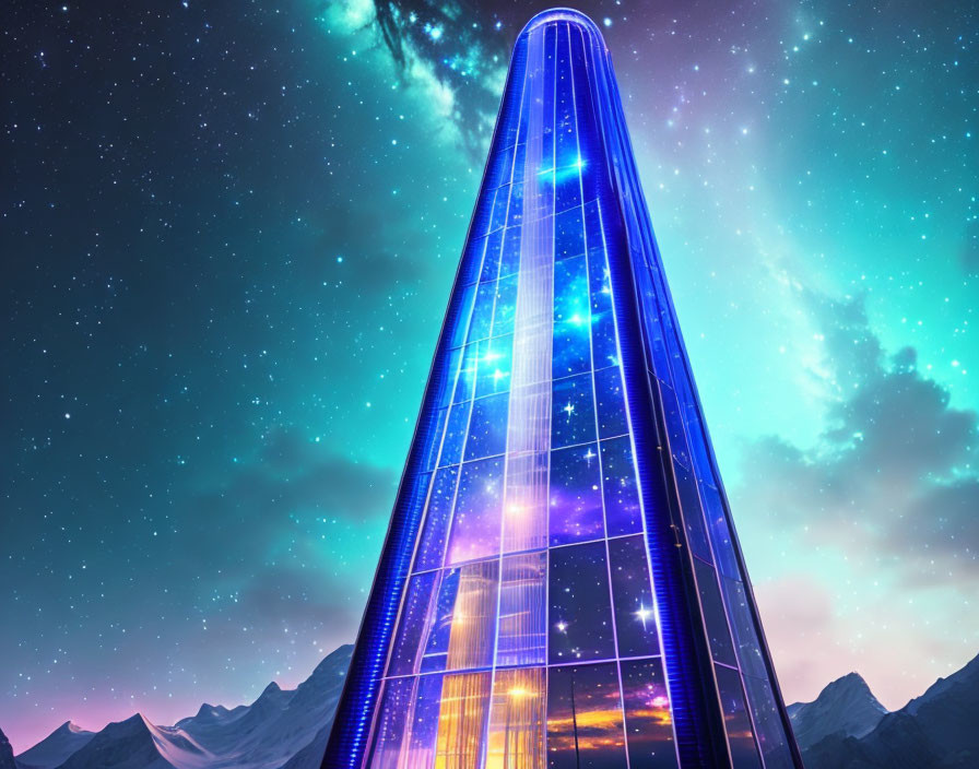 Futuristic skyscraper under starry night sky with Aurora Borealis.