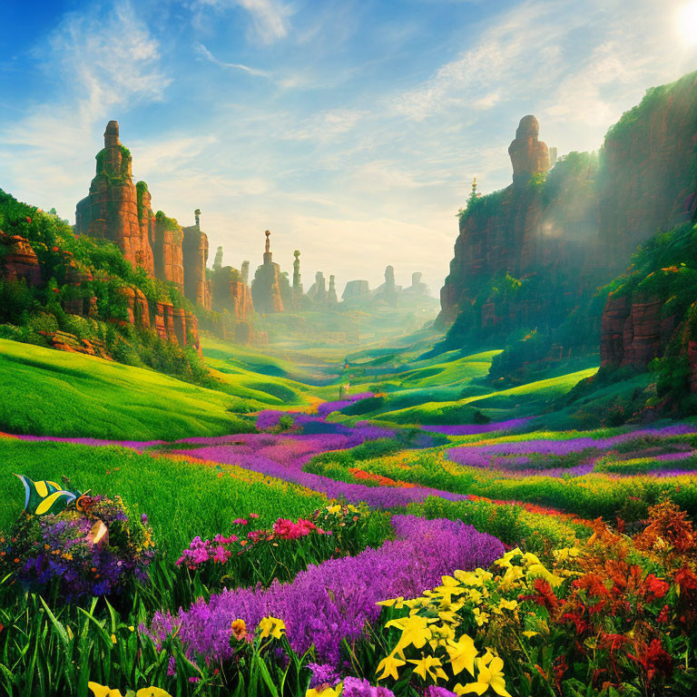 Colorful Flower Landscape with Red Rocks and Blue Sky