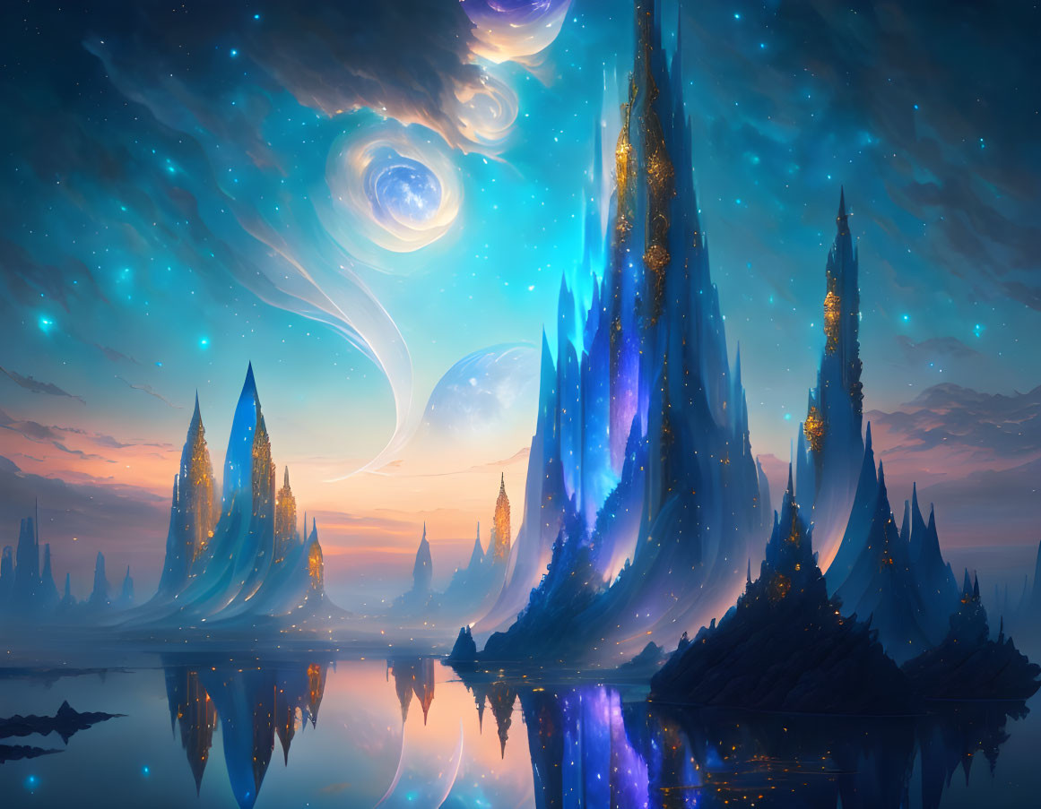 Luminous crystal-like spires in fantastical landscape