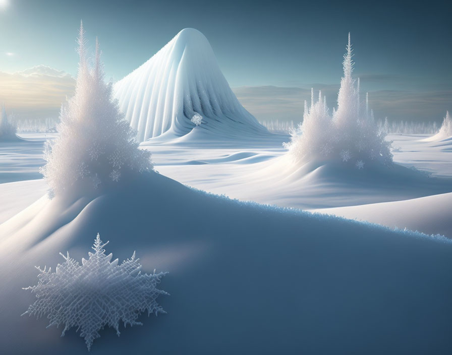 Snow-covered trees and smooth snow mound in tranquil winter scene