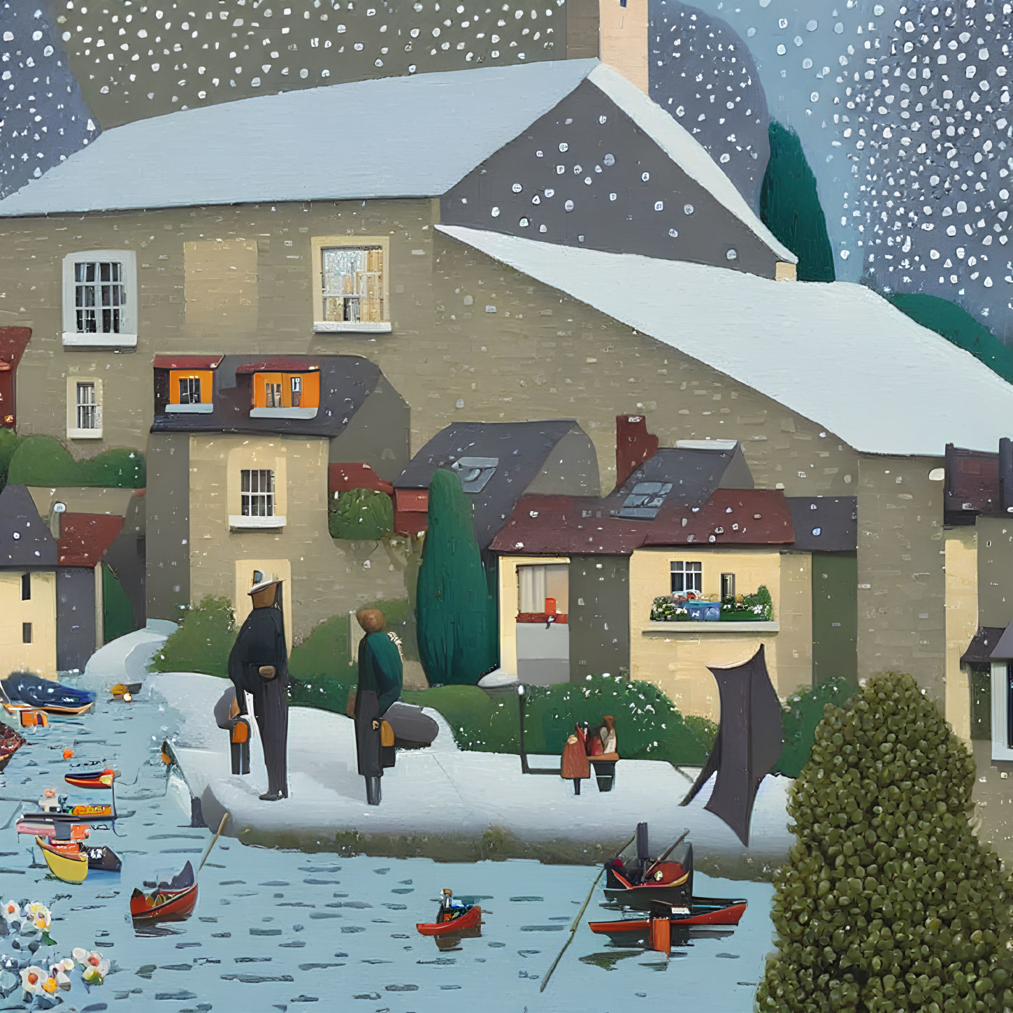 Snowy Winter Scene: People Walking by Houses & Boats on River