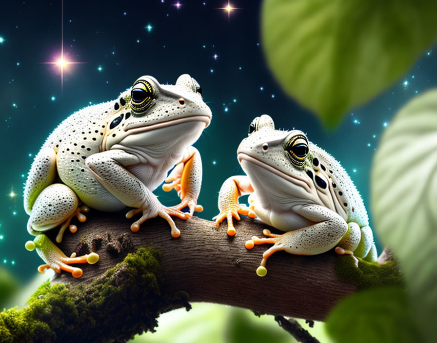 Detailed image of two frogs on branch against starry background