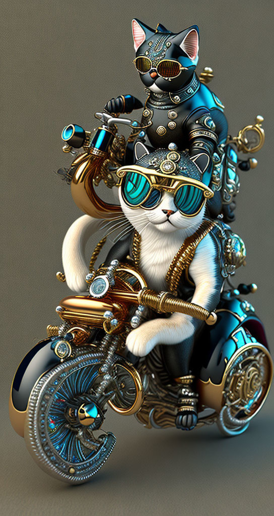 Stylized anthropomorphic cats in steampunk attire riding a decorative motorcycle