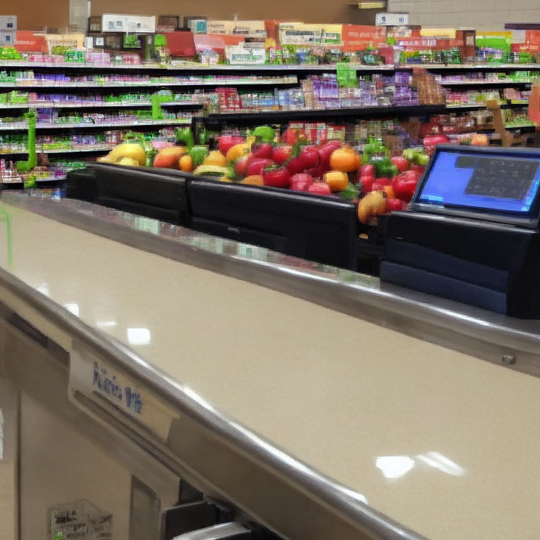 Deserted grocery store checkout lanes with colorful produce section