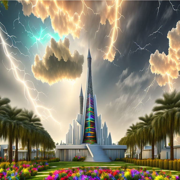 Futuristic skyscraper with rainbow façade in cityscape under vibrant sky