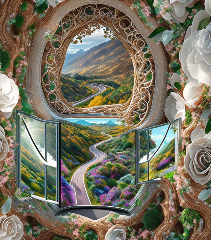 Surreal heart-shaped wooden frame with scenic road and vibrant flora