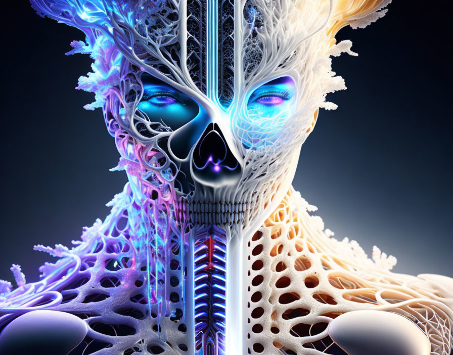 Detailed digital artwork: humanoid figure with half-organic, half-mechanical face in vibrant blue.