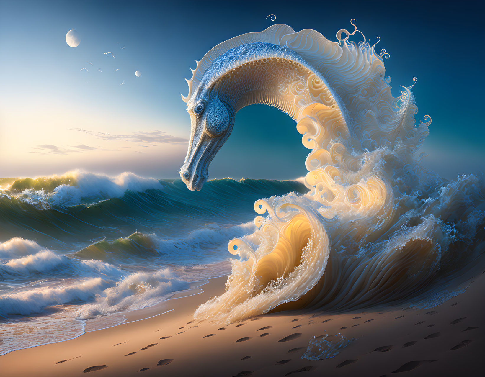 Giant seahorse with wave patterns in ocean scene