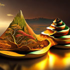 Vibrant 3D rendering of cut-open conical shapes with lava-like textures in sunset ocean