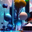 Futuristic night cityscape with skyscrapers, floating spheres, and neon lights