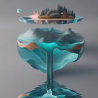 Surreal landscape with mirrored floating islands and stylized trees