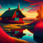 Surreal landscape with red house, blue roof, red grass, reflective water, orange sunset sky