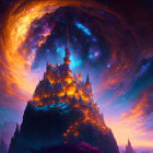 Fantastical castle on cliff under swirling galaxy in orange, red, and blue palette