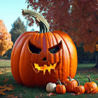 Carved pumpkin with spooky face in fall scene.