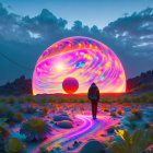 Colorful Light Dome and Glowing Spheres at Twilight Sky