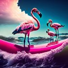 Vibrant pink flamingos on magenta surfboard under dynamic sky