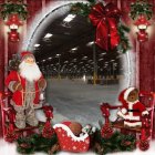 Santa Claus with lantern, sleigh, presents, wreaths, ribbons, candles in festive holiday