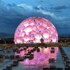 Surreal sunset landscape with glowing orb, water, lily pads, stones, and lone tree