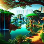 Lush jungle scene with elephant near waterfall & exotic trees