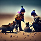 Children playing with shovels and a pot in sand, watched by a fox and popcorn kernels,