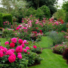 Colorful garden with pink flowers, green bushes, and stylized trees under soft light