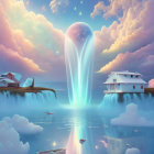 Surreal landscape with waterfalls, orb, rainbows, lake, boat, and clouds