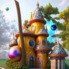 Colorful 3D illustration of whimsical castle with spherical and conical towers