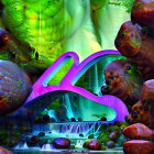 Vibrant digital image: Neon waterfall over colorful rocks in lush setting