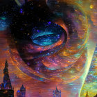 Fantastical cosmic scene with swirling galaxies and futuristic towers