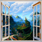 Scenic landscape with butterflies, mountains, and peak visible through open window