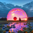 Person standing before surreal glowing orb in desert twilight