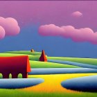 Colorful Landscape Painting with Red Barn, Small House, Green Hills, Path, and Sky