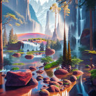 Scenic landscape with waterfalls, rainbow, lake, trees, and boulders