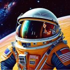 Detailed Orange and White Space Suit in Vibrant Cosmic Scene