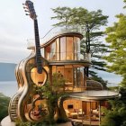 Colorful Three-Story House with Flowers, Butterflies, and Greenery