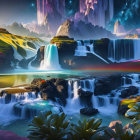 Multicolored waterfalls & aurora sky in vibrant digital landscape