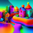 Colorful Stylized Landscape with Neon Buildings and River