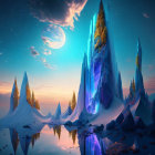 Fantastical landscape with glowing crystalline structures under starry sky