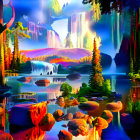 Digitally created vibrant autumn landscape with waterfalls, river, trees, and colorful stones.