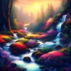 Vibrant fantasy landscape with waterfalls, glowing flora, and misty river