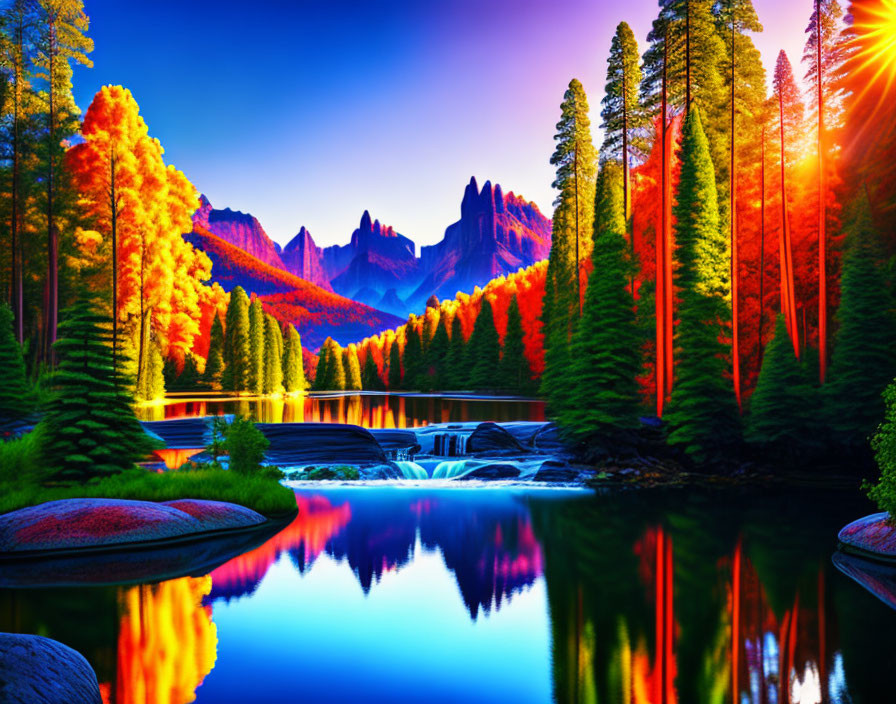 Scenic landscape with sunburst, river, waterfall, and mountains