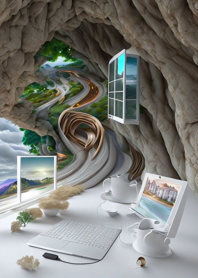 Surreal cave scene with winding road, nature pictures, and graphics tablet