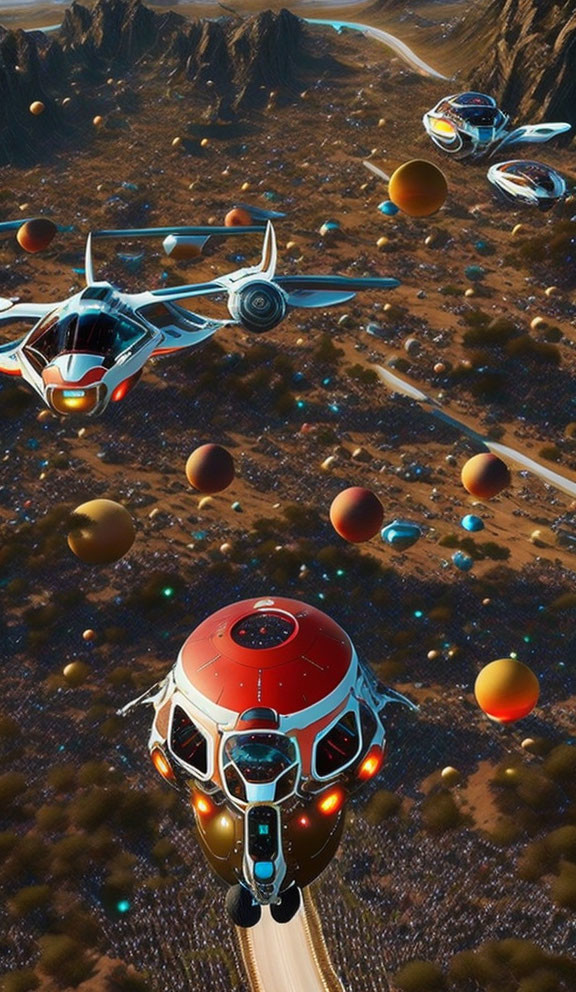 Futuristic spacecraft over rocky desert with floating metallic spheres