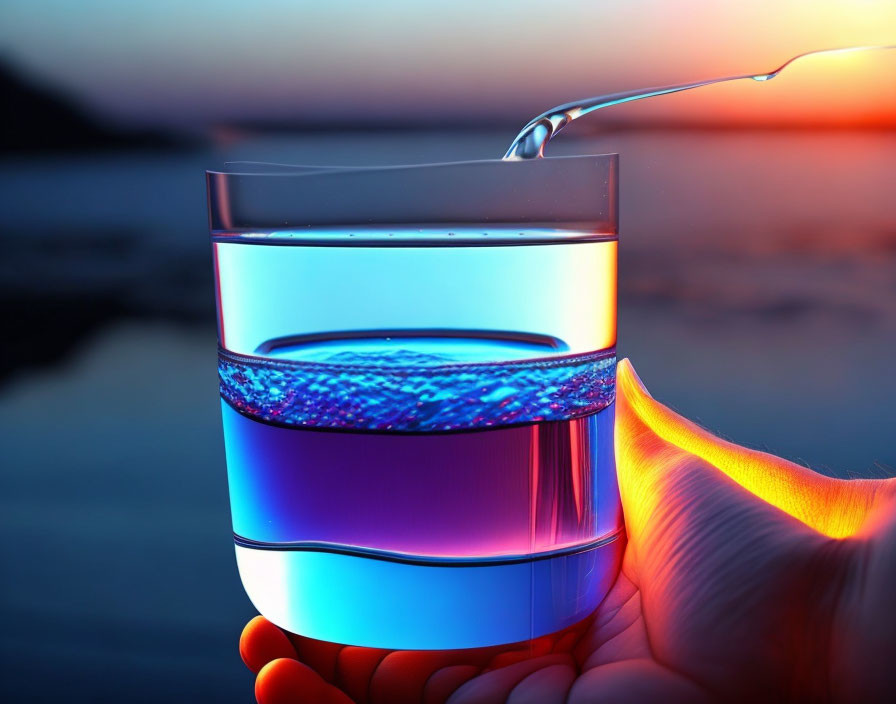 Hand holding glass of water against vibrant sunset backdrop