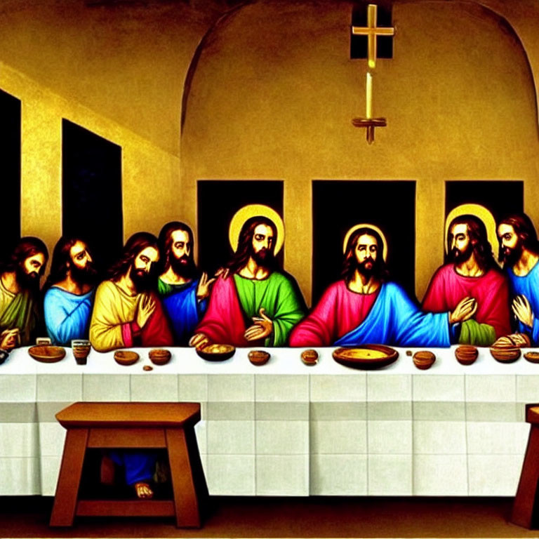 Vibrant Last Supper scene with Jesus and apostles at long table.